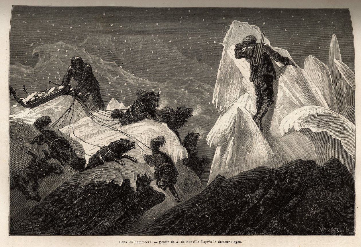 فقدت مزلقة وطاقمها في Hummocks ، كتل الجليد الممزقة التي تحرك سطح حزمة الجليد. نقش لتوضيح الرحلة إلى البحر الحر لقطب القطب الشمالي للدكتور هايز ، جراح البحرية الأمريكية ، في 1860-1862 ، نُشر في " بواسطة فنان غير معروف