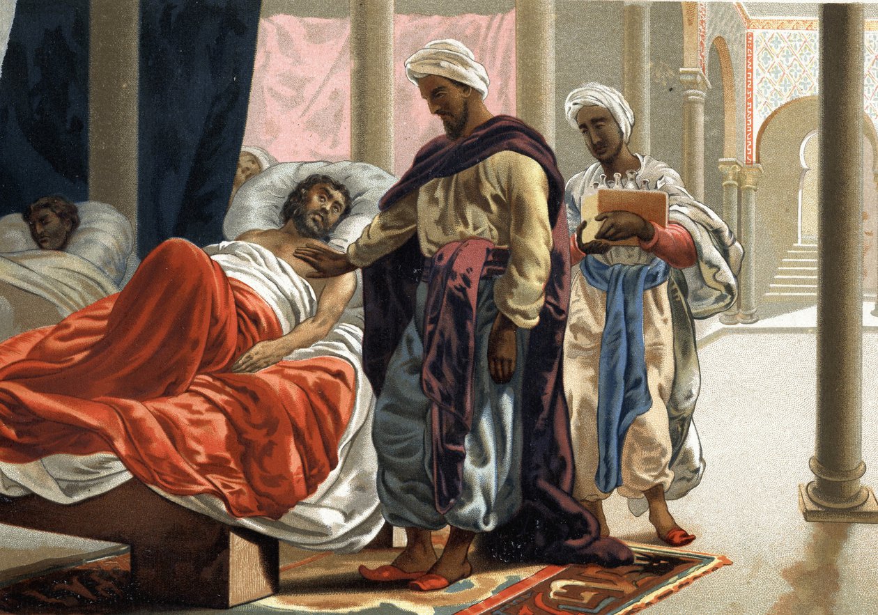 أبو القاسم (أبو القاسم بن خلف العباس الزهراوي (936 - 1013 م) كان يعتني بشخص مريض في إسبانيا حوالي عام 1000. وفقًا لـ "La Ciencia y sus Hombres" بقلم لويس فيغير. برشلونة 1881 بواسطة فنان غير معروف