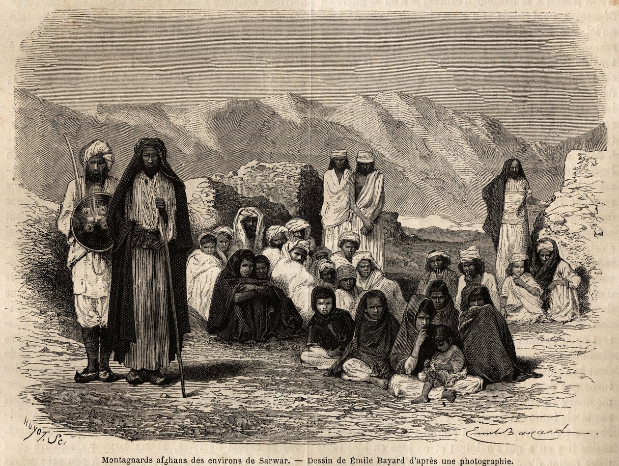الأفغان مونتانارد بالقرب من سروار. نقش لتوضيح الرحلة إلى Pandjab وكشمير ، قصة كتبها Guillaume Lejean ، في عام 1866 ، نُشرت في "Le tour du monde ، nouveau journal des voyages" ، تحت إشراف إدوارد شارتون بواسطة فنان غير معروف