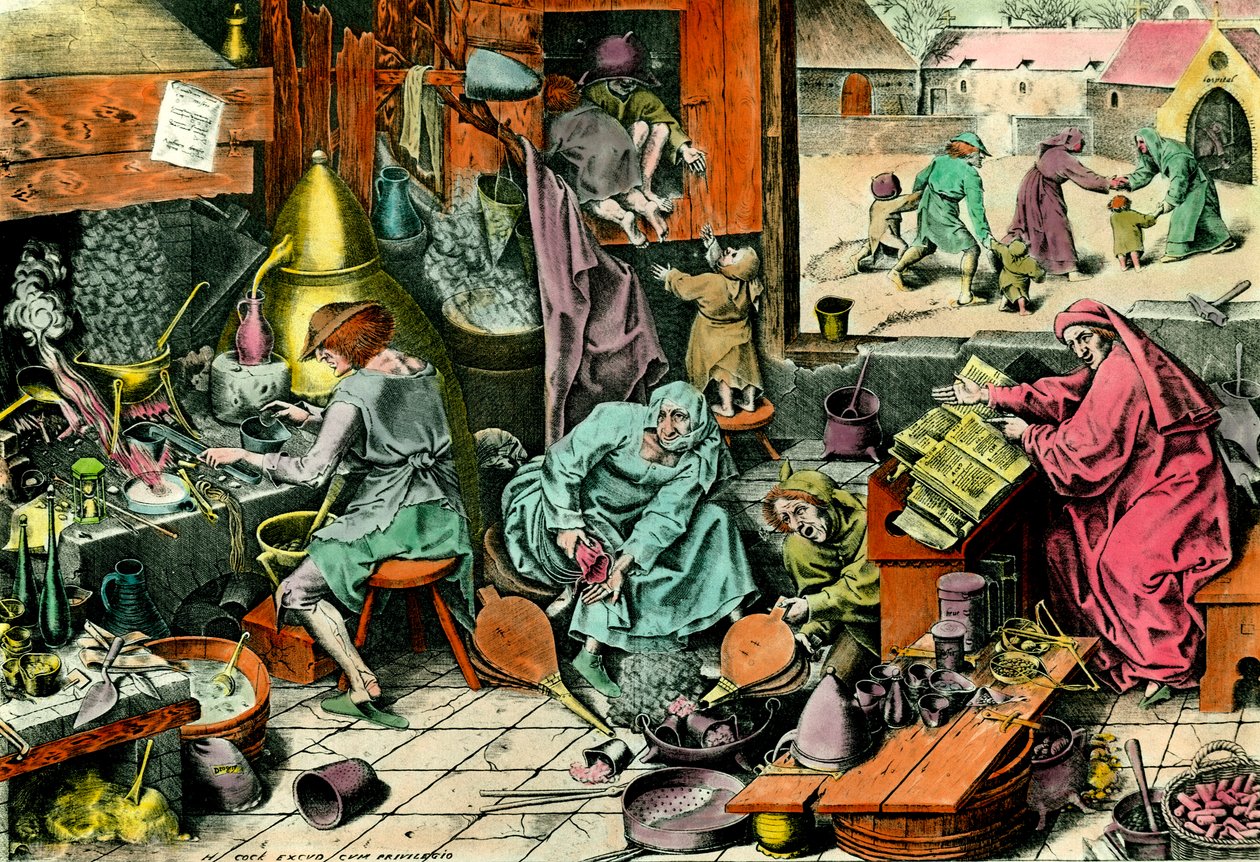 Alchemy Laboratory An alchemist consulting a grimoire. Engraving of the 16th century Private Collection بواسطة فنان غير معروف