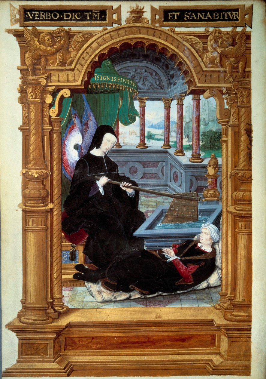 Allegory of the regency of Louise de Savoie (1476-1531), mother of Francois I, represented holding a rudder and carrying angel wings. The author of the manuscript is lying at his feet. Miniature taken from “” Geste de Blanche de Castille”” by Etienne Le Bl بواسطة فنان غير معروف