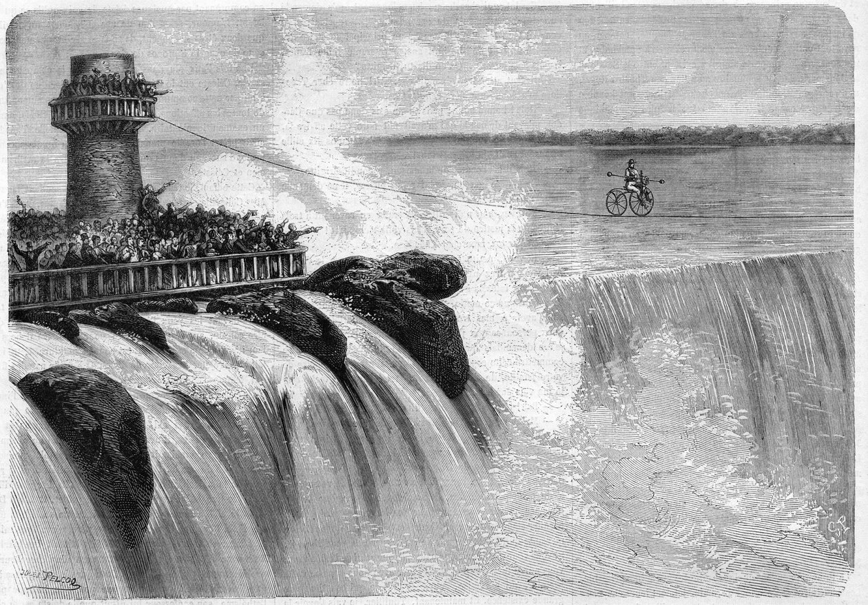 American Jenkins يعبر شلالات نياجرا على Velocipede في عام 1869. بواسطة فنان غير معروف