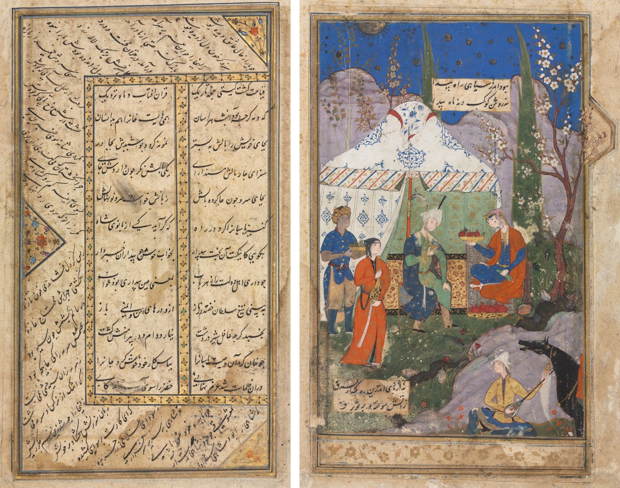 حلقة من قصة الملك الساساني خسرو وحبيبته شيرين ، من خمسة (خماسي) لنظامي (1141-1209) (الظهر) ؛ آيات فارسية من هفت أورانج (سبعة عروش) للجامي (ت ١٤٩٢) (وجه الصفحة) بواسطة فنان غير معروف