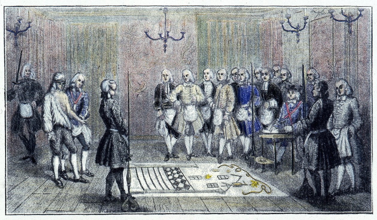 نزل للمبتدئين في باريس ، حوالي عام 1740: يصور هذا المشهد استقبال الماسوني "المتدرب" (على الأرض لوحة نزل المتدربين) - وفقًا لنقش في ذلك الوقت. بواسطة فنان غير معروف