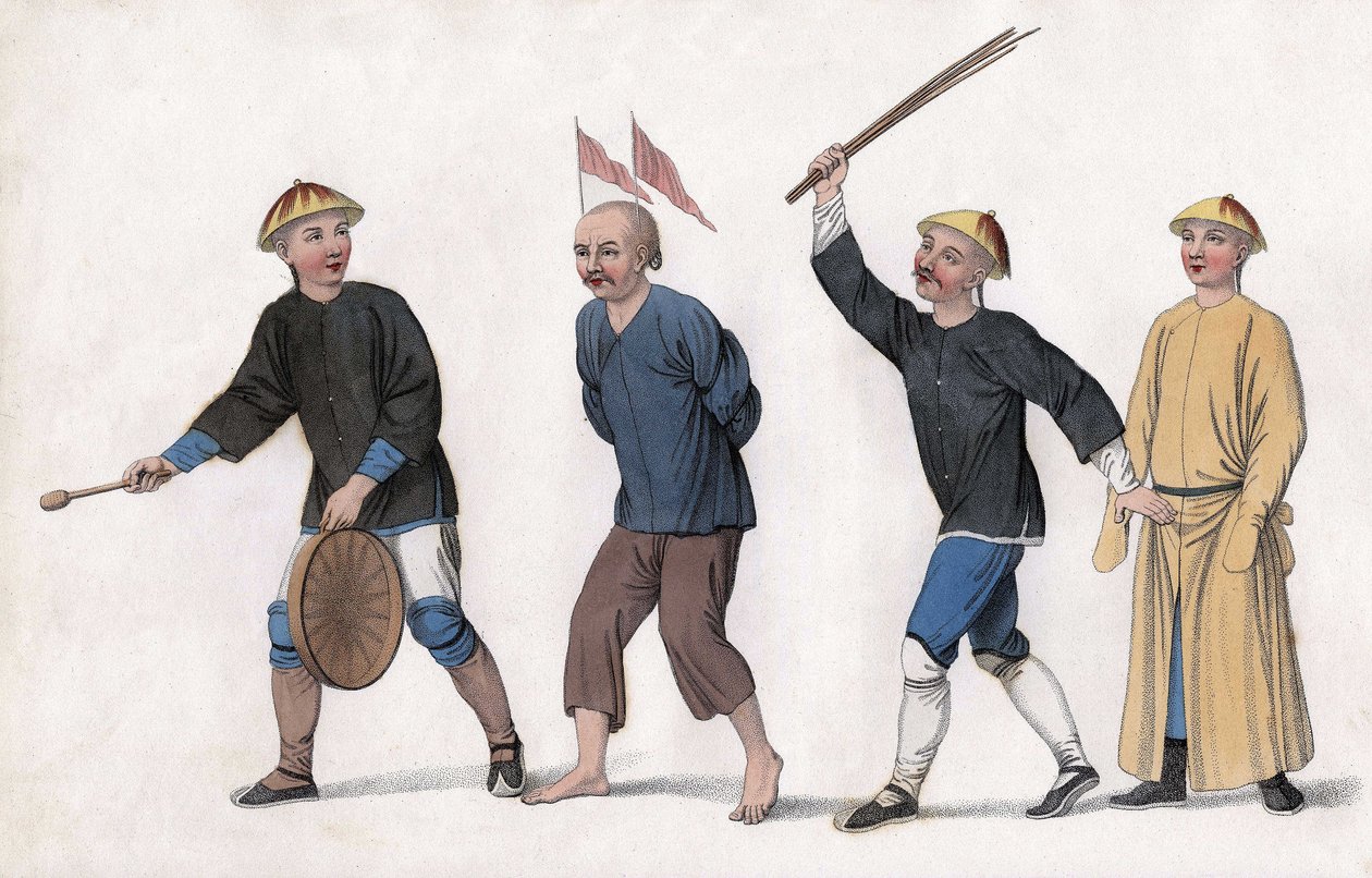An indictment is taken to court. To attract public attention, red flags are fixed on his head and a man rings the gong. Engraving, in “The Punishments of the Chinese”, London بواسطة فنان غير معروف