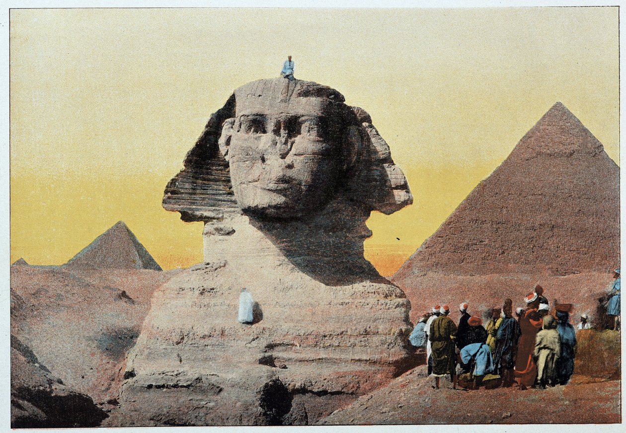 مصر القديمة: أبو الهول وأهرامات الجيزة (الجيزة ، الجيزة ، الجيزة). أواخر القرن التاسع عشر. بواسطة فنان غير معروف