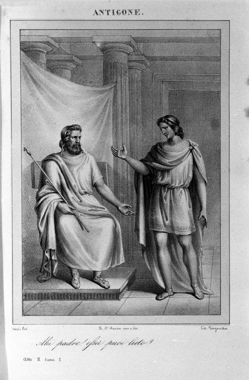 قانون أنتيجون الثاني ، المشهد 1. مأساة إيطالية كتبها فيتوريو ألفيري عام 1783 بعد الأساطير اليونانية. نقش القرن الثامن عشر. بواسطة فنان غير معروف