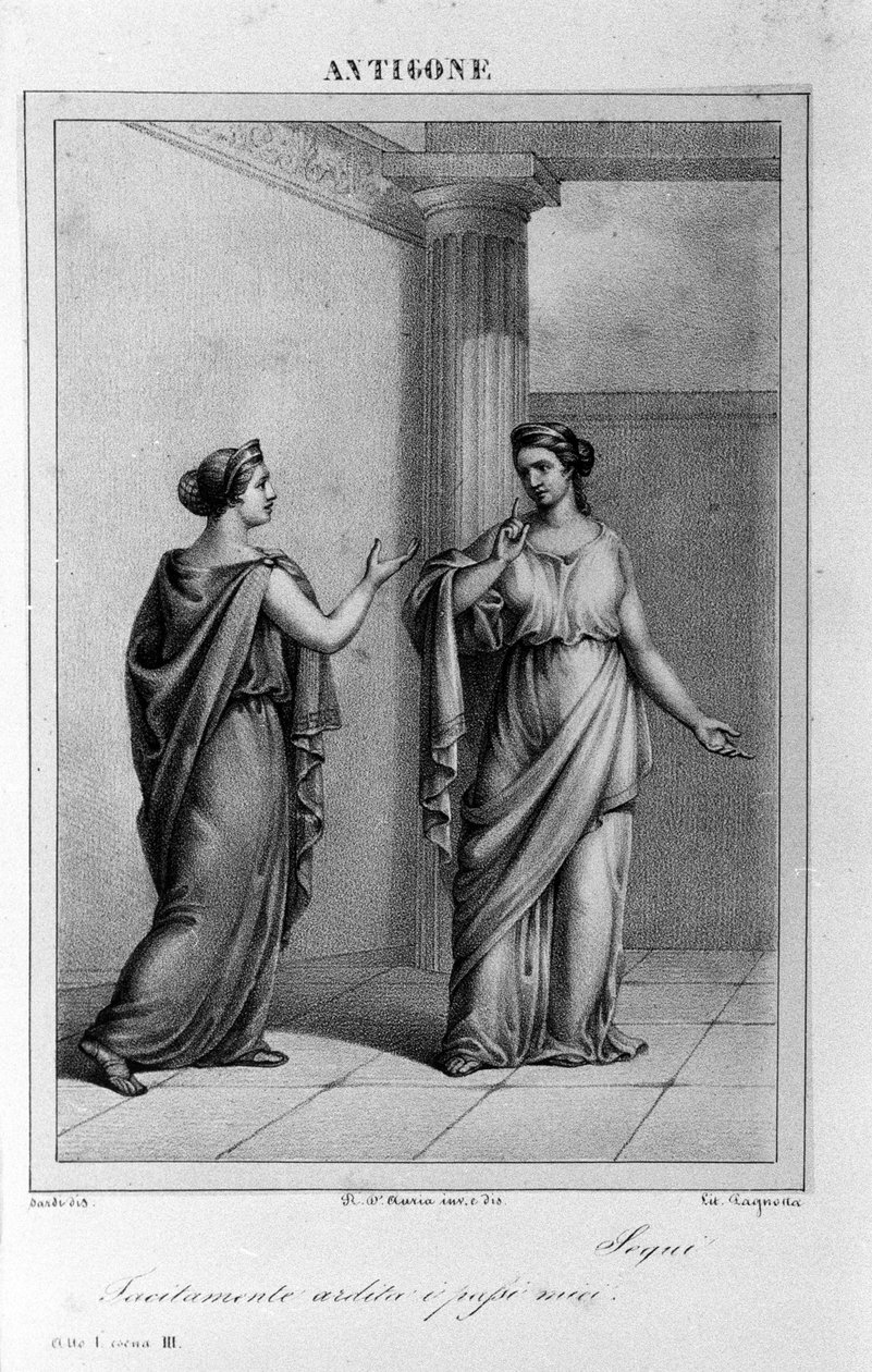 أنتيجون الفصل الأول ، المشهد 3. مأساة إيطالية كتبها فيتوريو ألفيري عام 1783 بعد الأساطير اليونانية. نقش القرن الثامن عشر. بواسطة فنان غير معروف