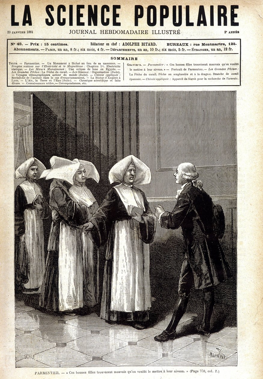 أنطوان أوجستين بارمنتييه (1737 - 1813) ، صيدلي معروف بنشر زراعة البطاطا في فرنسا ، مخاطبًا الراهبات. في "" La science populaire "" 20/01/1881. بواسطة فنان غير معروف