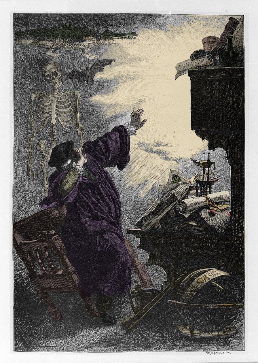 ظهور دي ميفيستوفيليس (ميفيستو) رسم فاوست لـ "فاوست" بقلم يوهان فولفغانغ فون غوته (1749-1832) (رسم توضيحي لـ "فاوست" لغوته) نقش بواسطة فنان غير معروف