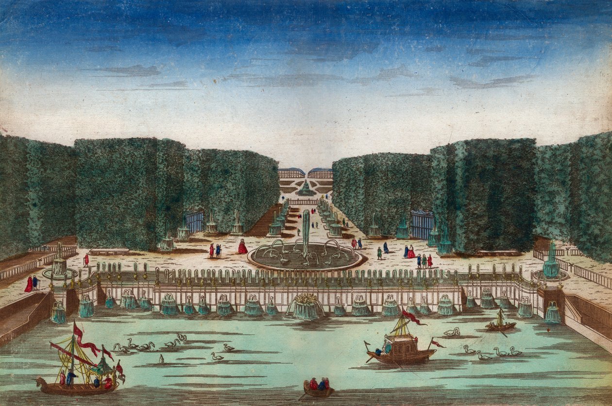 Aquae Lapsus in Hortis Versalicis - منظر بصري يمثل شلالات فرساي في القرن الثامن عشر - رسم توضيحي حوالي عام 1760 بواسطة فنان غير معروف