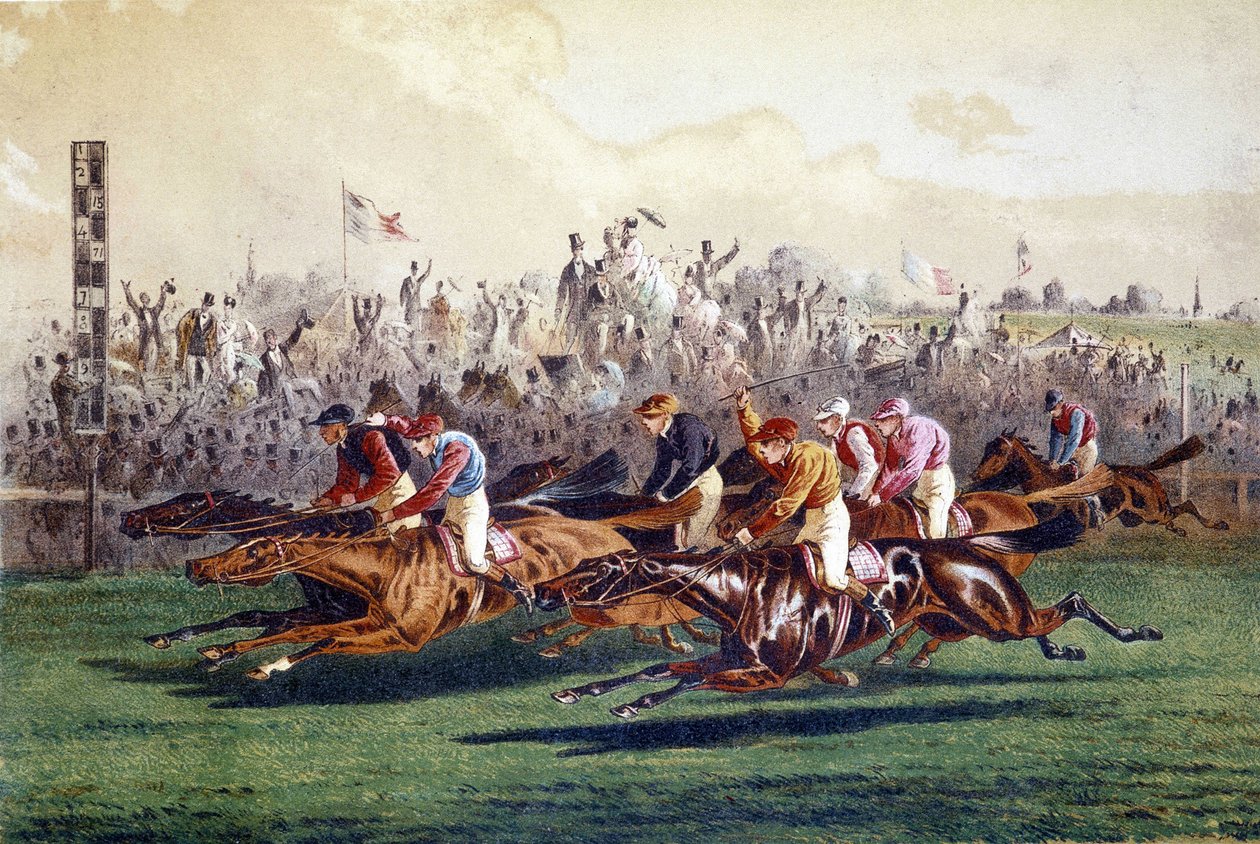 وصول سباق الخيل. التوضيح من القرن التاسع عشر. بواسطة فنان غير معروف