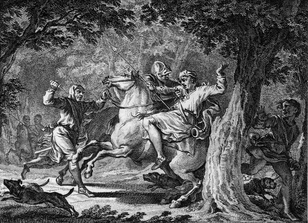 اغتيال Childeric II ، 675: قتل ملك الفرنجة (حوالي 653-675) في غابة لوغنيس على يد بوديلون ، اللورد الذي جلده. نقش القرن الثامن عشر. بواسطة فنان غير معروف