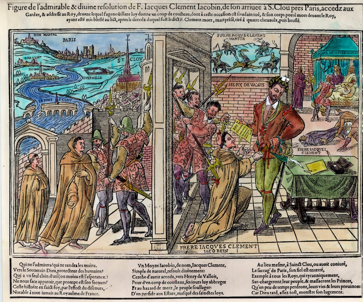 اغتيال ملك فرنسا هنري الثالث (1551-1589) من قبل جاك كليمان (1567-1589) ، مؤيد ديني دومينيكي للرابطة الكاثوليكية ، في 1 أغسطس بواسطة فنان غير معروف