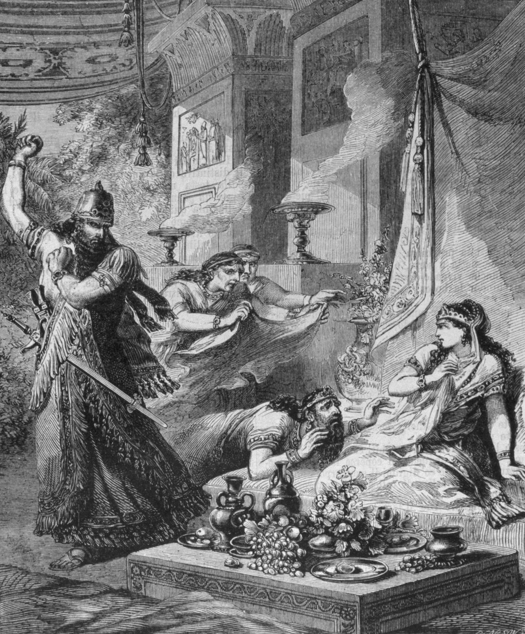 اكتشف Assuerus 1er (زركسيس 1er) أمان (هامان) عند قدمي استير. بواسطة فنان غير معروف