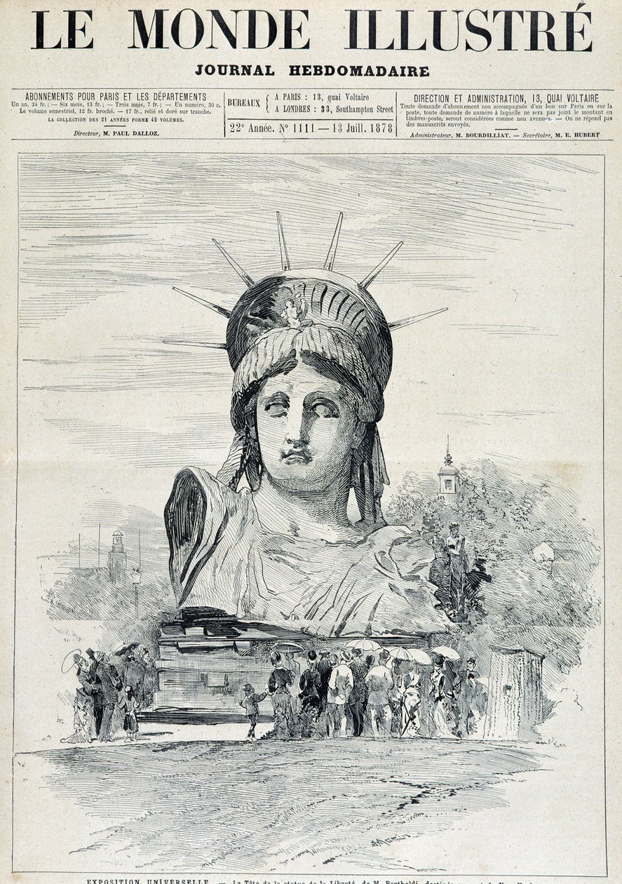 At the 1878 World Exposition: the head of the Statue of Liberty by Mr Bartholdi, destined for the Port of New York - in “” The Illustrated World”” of 13/07/1878 بواسطة فنان غير معروف