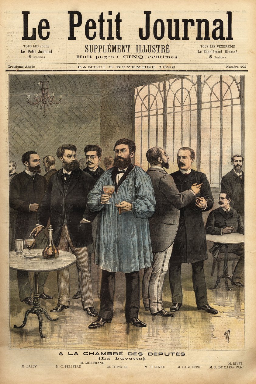 في بار غرفة المندوبين ، مع من اليسار إلى اليمين: إميل باسلي (1835-1928) ، مندوب باريس ، من الحركة النقابية لعمال المناجم ، كاميل بيليتان (1846-1915) كاتب صحفي ونائب بوش دو رون ، الكسندر ميلران (1859-1 بواسطة فنان غير معروف