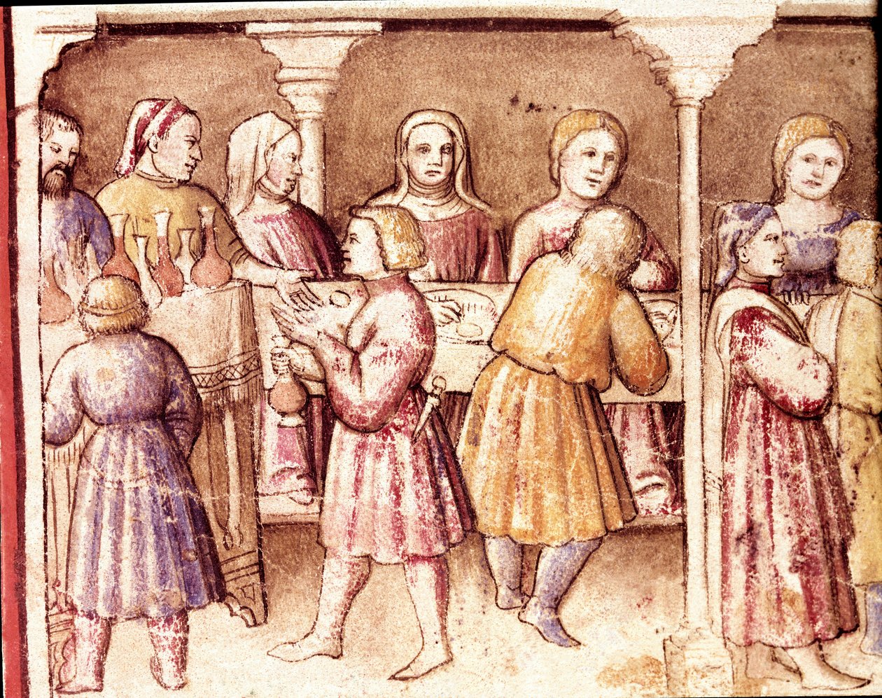 مشهد مأدبة في قصر غني في Padua Miniature من مجلد مخطوطة 212 (أو Padovano Codice أو الكتاب المقدس لبادوا) 1390-1400 Rovigo، Accademia dei Concordi بواسطة فنان غير معروف