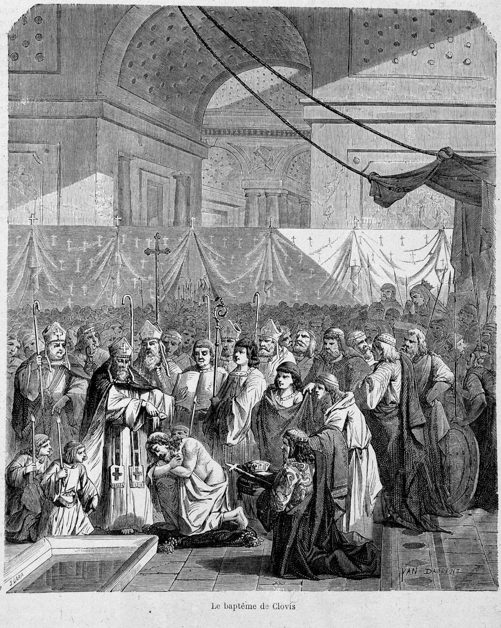 Bapteme of Clovis بواسطة Anastase II في كاتدرائية ريمس في 25 ديسمبر ، 498 - في "Histoire des popes" ، المجلد. 1 ، موريس لاشاتر. بواسطة فنان غير معروف