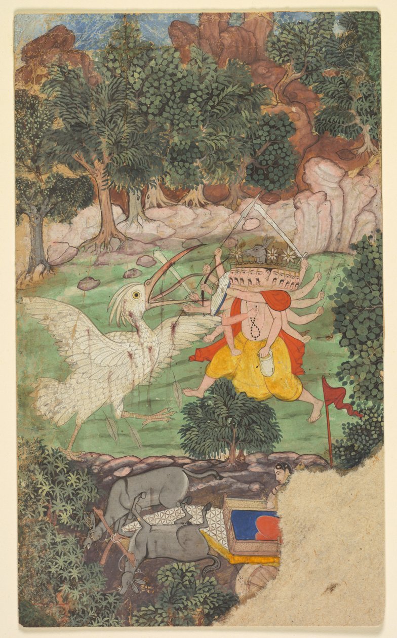 معركة رافانا وجاتايو ، من سارغا (الفصل) 49 من آرانيا كاندا (كتاب الغابة) من رامايانا (رحلة راما) في فالميكي (هندي ، نشط في منتصف القرن الحادي عشر قبل الميلاد) بواسطة فنان غير معروف