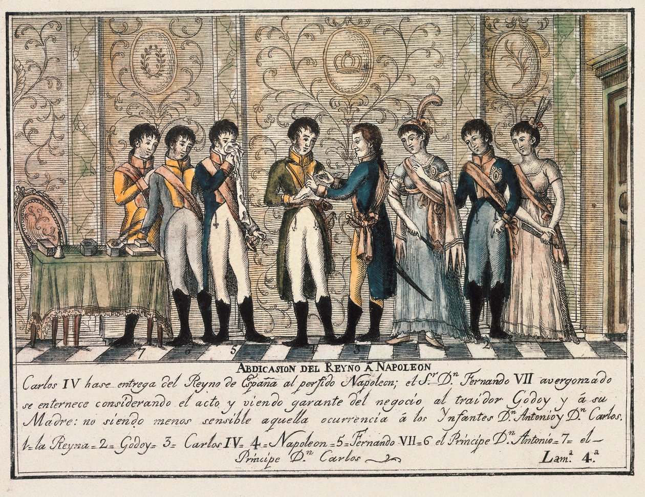 مقابلة بايون في عام 1808 بعد تمرد أرانجويز ، الذي شهد تنازل الملك تشارلز الرابع ملك إسبانيا عن العرش لنابليون الأول قبل ابنه فرديناند السابع (فرناندو السابع) بواسطة فنان غير معروف