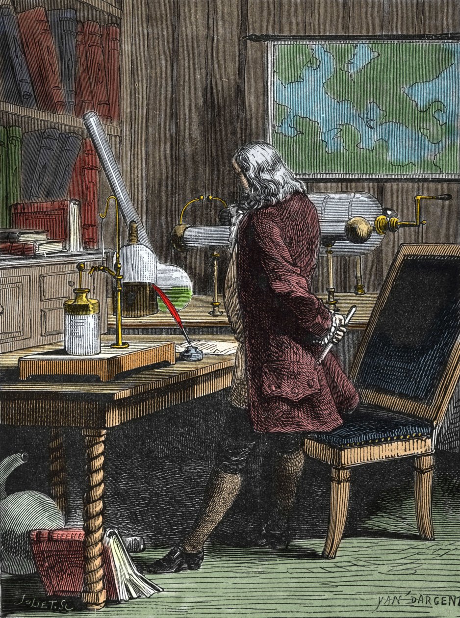 Benjamin Franklin (1706-1790), philosopher, physicist and American ambassador in his laboratory in Philadephia. بواسطة فنان غير معروف