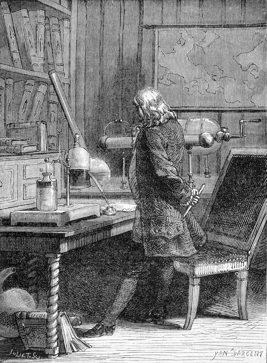Benjamin Franklin, American politician and physicist (1706-1790) in his physics laboratory in Philadelphia - engraving بواسطة فنان غير معروف