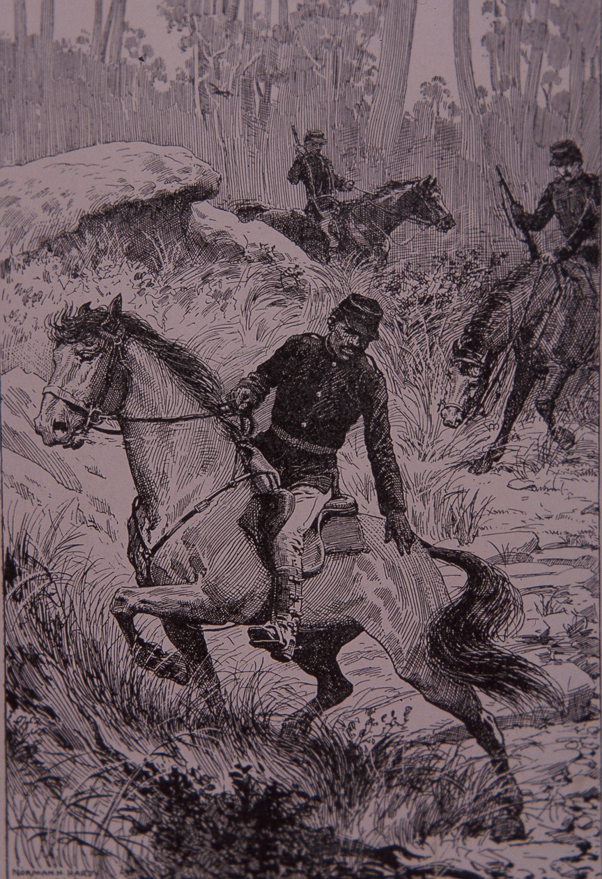 Black Trackers pursuing bushrangers in Australia (engraving) بواسطة فنان غير معروف