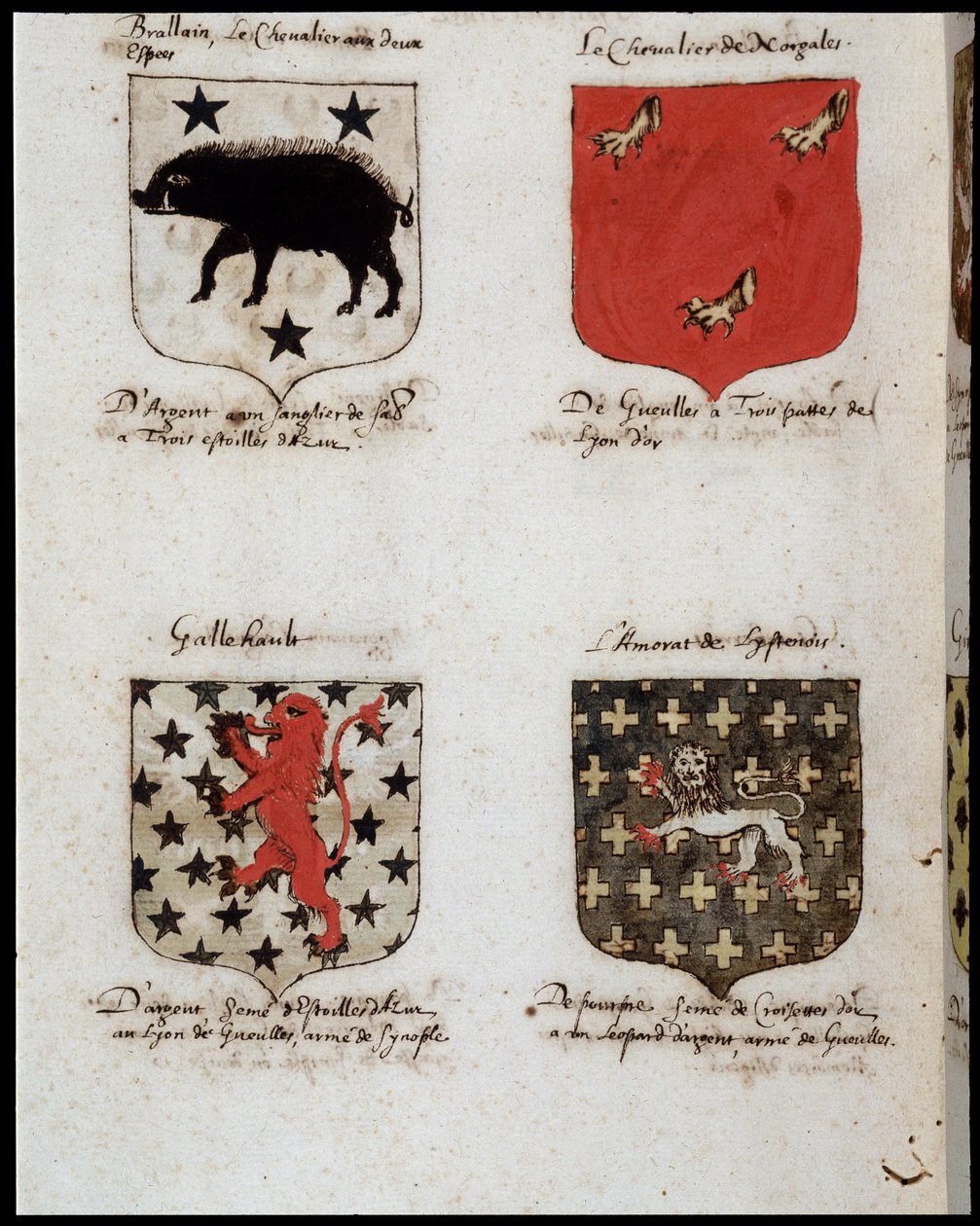 Blazons of Knights of the Round Table: 1. Brallain ، الفارس ذو التقلبين ، 2. The Knight of Norgales ، 3. Gallehault ، 4. The Amorate of Lystenois. sd. القرن ال 19. بواسطة فنان غير معروف