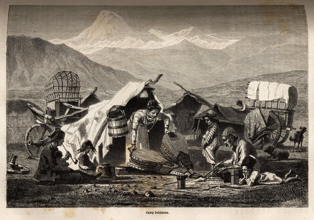 المعسكر البوهيمي. نقش لتوضيح الرحلة في مقاطعات القوقاز ، بقلم باسيلي فيريشاغوين ، في 1864-1865 ، نُشر في "" Le Tour du monde ، nouveau journal des voyages "، من تحرير إدوارد شارتون بواسطة فنان غير معروف