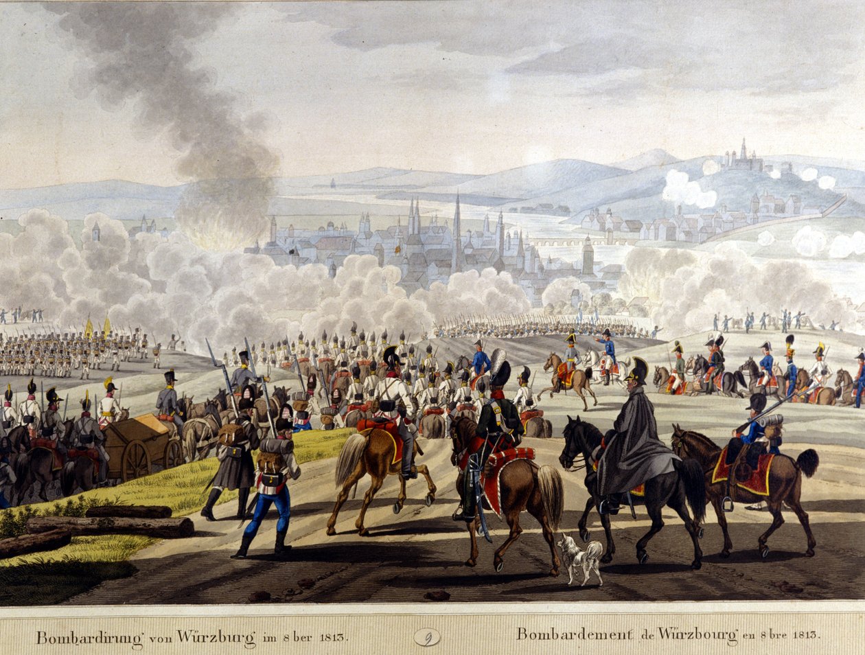 قصف Wurzburg في عام 1813 نقش القرن التاسع عشر بواسطة فنان غير معروف