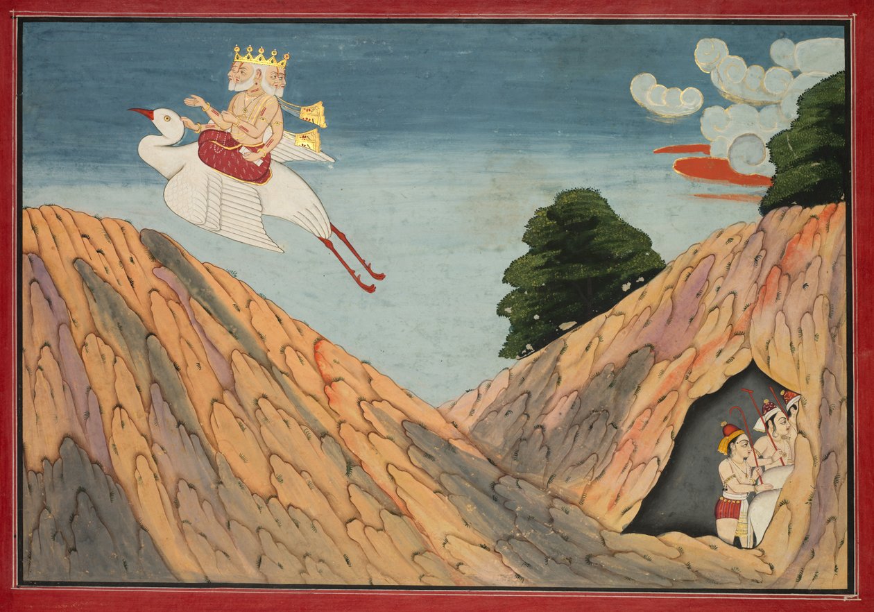 براهما يخفي الرعاة والعجول في الكهف ، صفحة من Bhagavata Purana بواسطة فنان غير معروف
