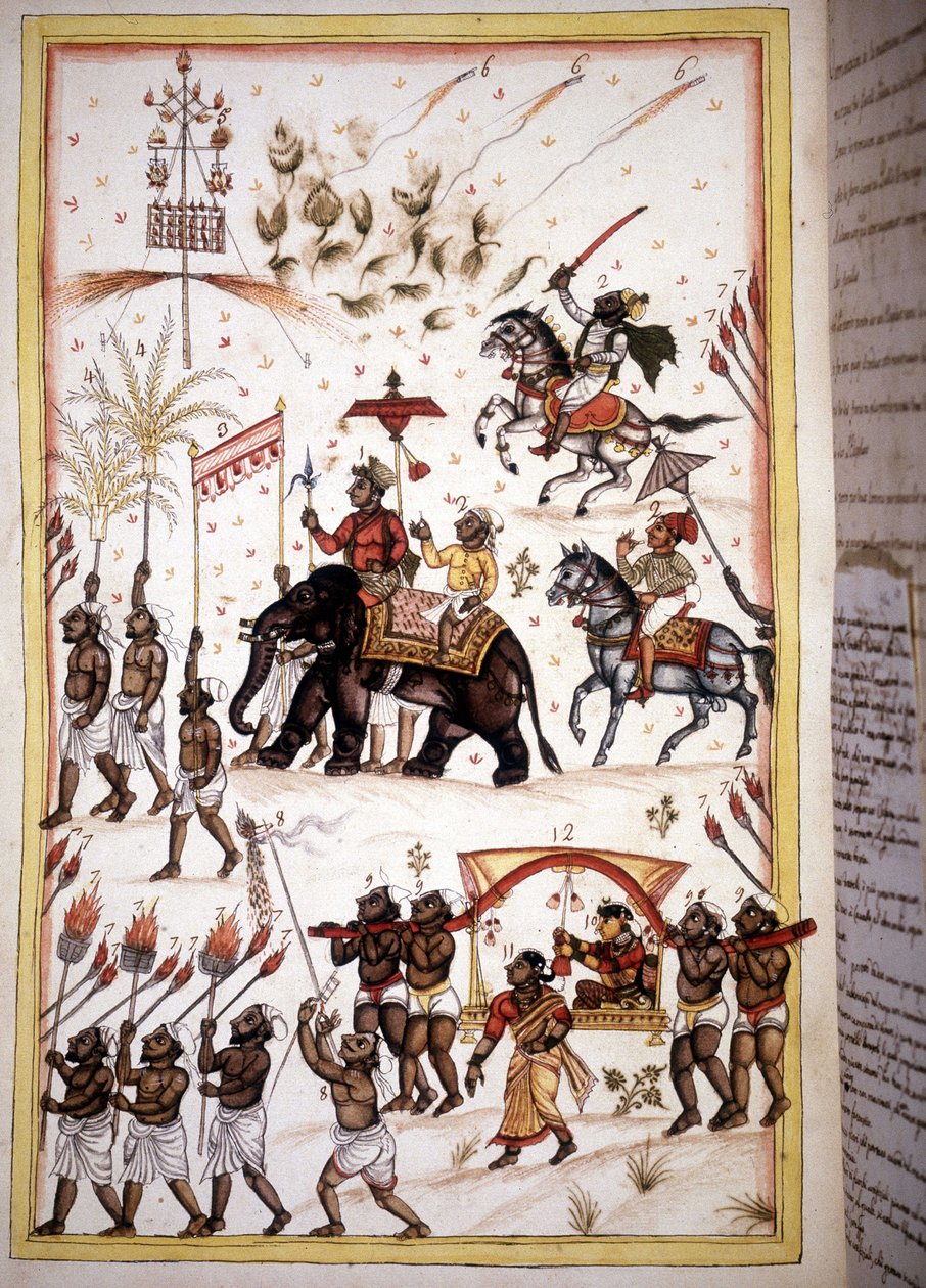 موكب الزفاف لأزواج الطبقة الاجتماعية العالية - صفحة من المخطوطة (ms.8300) "تاريخ موغول" (المغول أو المغول) لستيفانو نيفيبوس كارديرا. القرن ال 18. Bibloteca marciana ، البندقية بواسطة فنان غير معروف