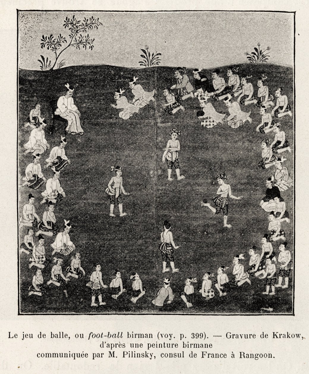 Burmese football or ball game. Engraving by Krakow to illustrate the story “Fifteen days in Burma””, by E.Cavaglion, in 1886, in Le tour du Monde 1892, directed by Edouard Charton (1807-1891), Hachette, Paris. بواسطة فنان غير معروف