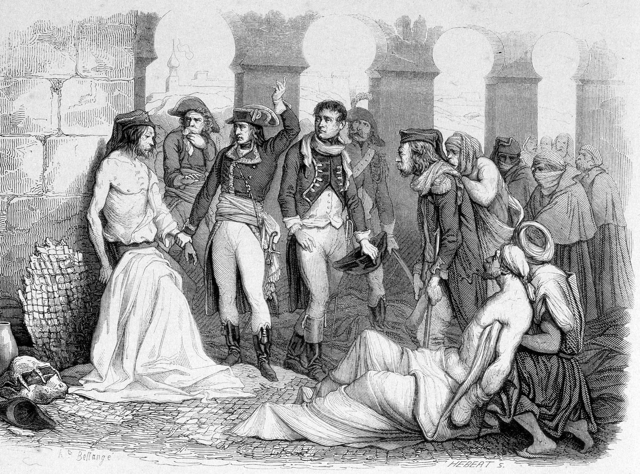 حملة (البعثة) المصرية (1798-1801): زيارة الجنرال بونابرت لمستشفى مكافحة الحشرات في يافا ، مصر. نقش القرن التاسع عشر. بواسطة فنان غير معروف