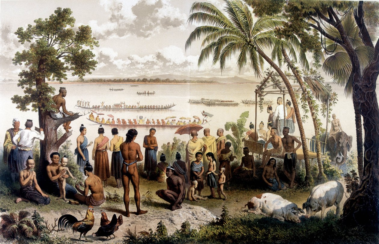 سباق الزوارق في باساك ، لاوس. أطلس رحلة الاستكشاف إلى الهند الصينية خلال الأعوام 1866 - 1868 ، حرره ف. غارنييه بواسطة فنان غير معروف