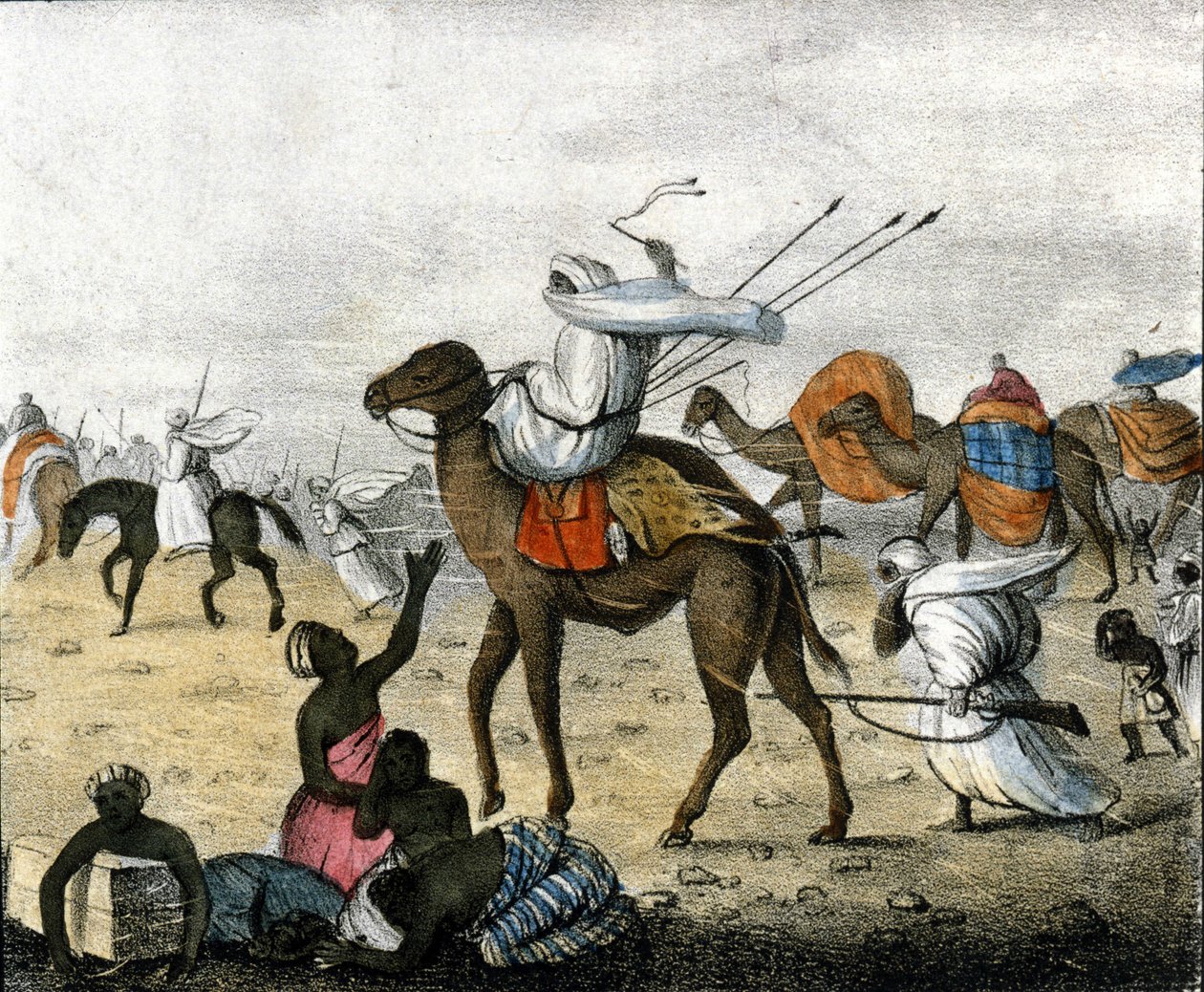 قافلة في الصحراء بالمغرب خلال عاصفة رياح. بواسطة فنان غير معروف
