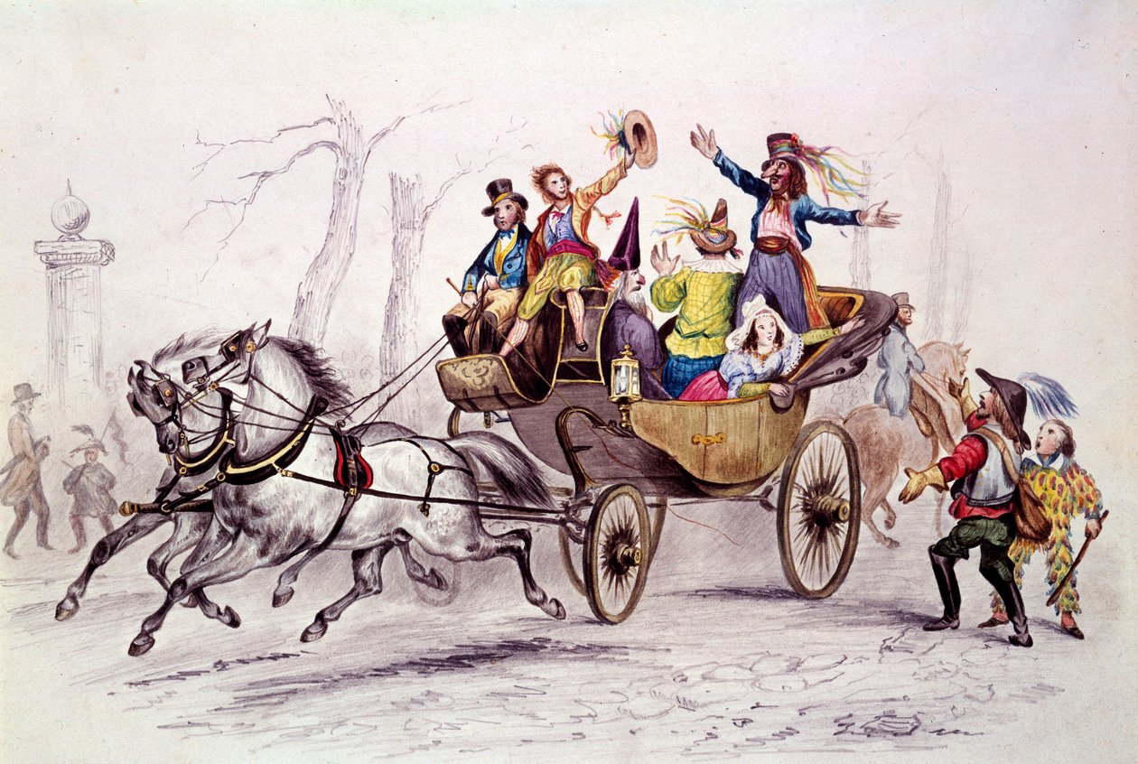 Carnival. Fetards disguises on a carriage. Engraving from 1846. paris, carnival museum بواسطة فنان غير معروف