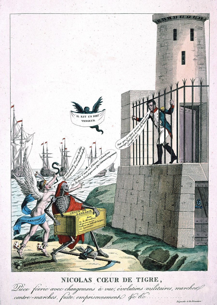 كارتون ضد نابليون الأول مع تجسيد الطموح والموت ، ج. 1815 بواسطة فنان غير معروف