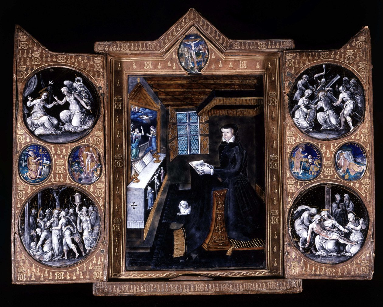 Catherine de Medicis (Caterina de Medici) (1519-1589) في الصلاة - بريد إلكتروني بالثلاثي والجلد بواسطة فنان غير معروف