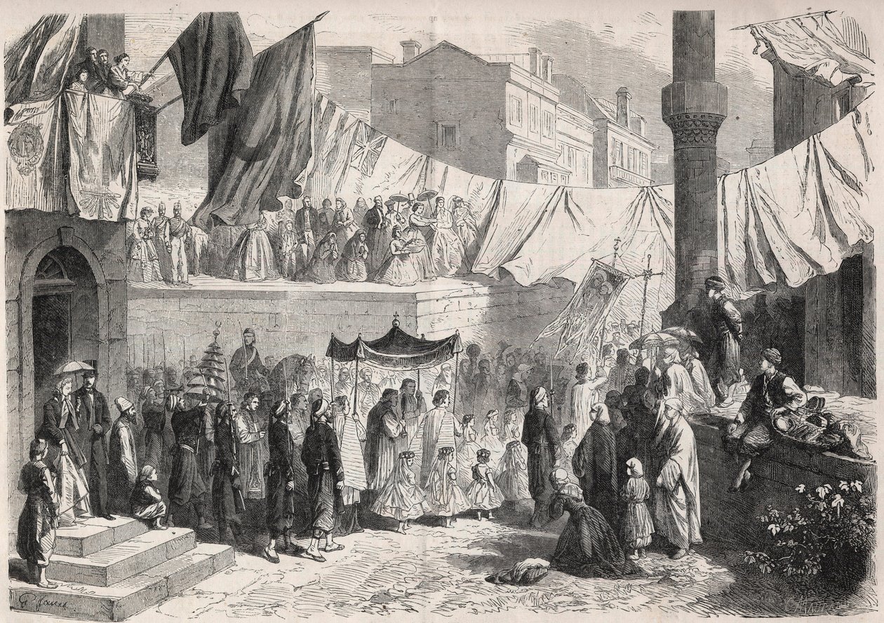 موكب كاثوليكي في شوارع القسطنطينية بمناسبة Fete Dieu (Fete-Dieu) - نقش في "" The Illustrous World "" بواسطة فنان غير معروف