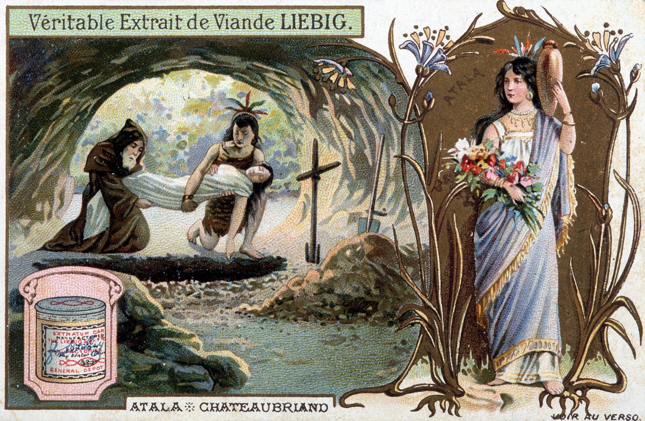 Chactas والأب Aubry دفن أتالا وصورة للبطلة - Scene de Atala أو Les Amours de deux sauvage dans le desert ، بقلم فرانسوا رينيه دي شاتوبريان (1768-1848) - ليبيج للطباعة الحجرية الملونة بواسطة فنان غير معروف