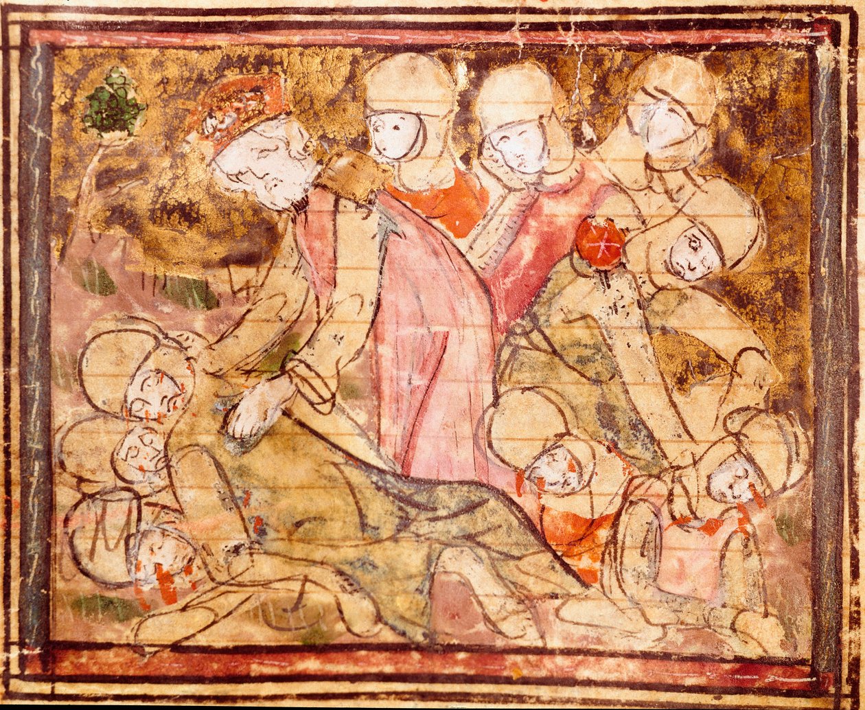 يعثر شارلمان (742-814) على جثة ابن أخيه رولان الذي توفي في معركة رونسيفو المصغرة من "" Grandes Chronicles de France "" 1375-1379 مكتبة البلدية ، Castres بواسطة فنان غير معروف