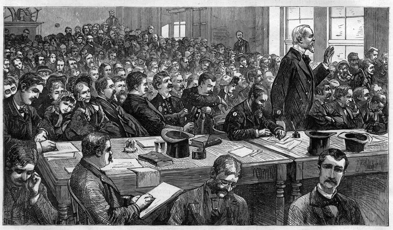 تشارلز جوليوس جويتو (1841-1882) ، قاتل الرئيس الأمريكي جيمس أبرام غارفيلد (1831-1881) ، أثناء المحاكمة عام 1881 ، الولايات المتحدة بواسطة فنان غير معروف
