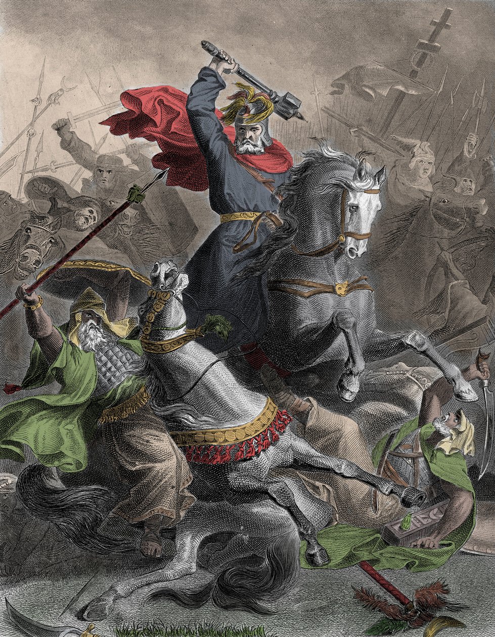 شارل مارتل (690-741) يقود الفرنجة إلى المعركة ضد الغزو العربي في تور (فرنسا) ، 732 (معركة بواتييه) - نقش كولورسي في القرن التاسع عشر - تشارلز مارتل يقود الفرنجة ضد الغزاة العرب في تور ، فرنسا ، 732 م - بواسطة فنان غير معروف
