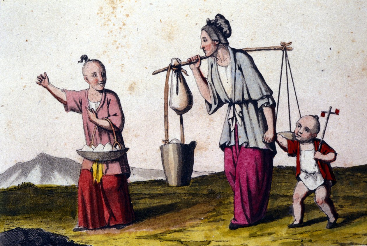 الصين. امرأة تحمل الماء برفقة طفلين كبيرهما يحمل سلة أرز. مطبوعات القرن التاسع عشر. بواسطة فنان غير معروف