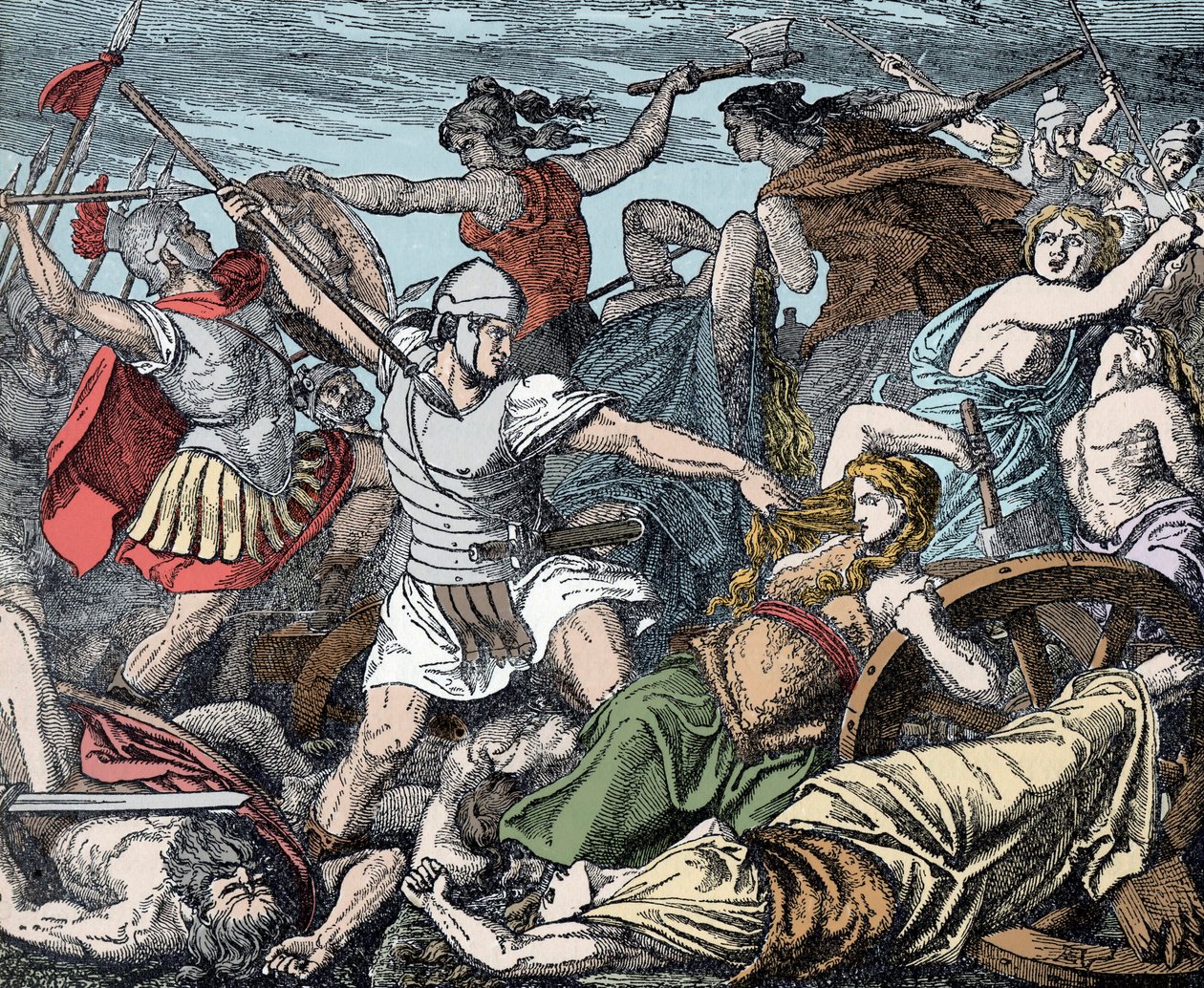 نساء Cimbric يدافعن عن حصن عربتهن - Roman Antiquite ، Cimbres War: تضحية نساء Cimbres ضد الجنود الرومان بواسطة فنان غير معروف
