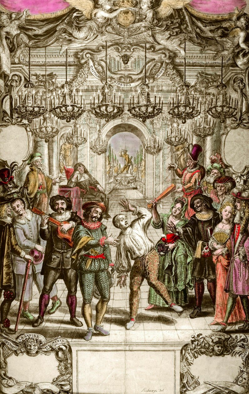 Commedia dell'Arte: الفرقة الملكية للكوميديا الإيطالية في فندق Hotel de Burgundy. نقش من مجموعة خاصة 1689 بواسطة فنان غير معروف