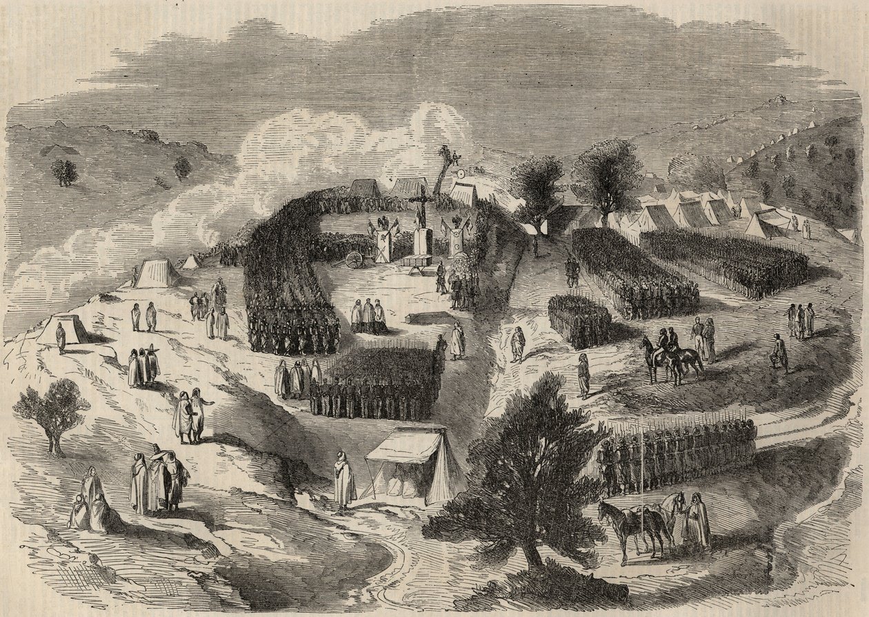 Conquete de Algerie: رحلة استكشافية إلى منطقة القبائل الكبرى في عام 1857 ، ووضع الحجر الأول لحصن نابليون في سوق الأربع (سوق الأربع). نقش في "لوموند لامع" من عام 1857. مجموعة خاصة. بواسطة فنان غير معروف