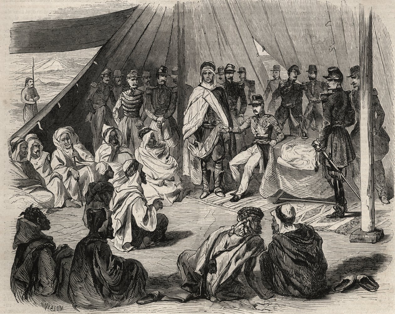 غزو الجزائر: رحلة استكشافية إلى منطقة القبائل الكبرى عام 1857. خضوع قبيلة بني راتن القبايلية (بني راتن) من قبل الجيش الفرنسي. نقش في "لوموند لامع" من عام 1857. مجموعة خاصة. بواسطة فنان غير معروف